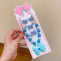 Children pearl necklace set with blue bow pendant, cute fairy style jewelry detail view. - 5-Piece Set (With Card) / Blue