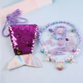 Mermaid sequin bag and children jewelry set detail view, pearl beads necklace and hair clips - Purple Shell 9-Piece Set