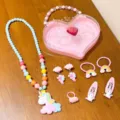 Cute kids unicorn jewelry set with heart box, bead necklace, clips, and rings for little girls. - #4 Sleeping Unicorn 8-Piece Set (Includes Box)