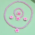 Kids pink faux pearl necklace bracelet ring earrings set sweet cute flower jewelry for girls - Pink Five-Petal Flower 5-Piece Set (Transparent Bag Pack)