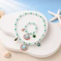 Kids ocean themed pearl beaded necklace bracelet set with seashell charms for girls jewelry gift - Gradient Light Green 2-Piece Set (Transparent Bag)