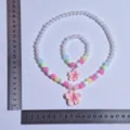 Kids beaded necklace bracelet set with pink cherry blossom pendants, cute princess jewelry. - Peach Blossom Pink 2-Piece Set [Transparent Bag]