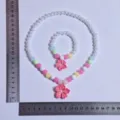 Kids pearl beaded necklace bracelet set cute pink flower pendant jewelry gift for girls - Dark Pink Peach Blossom 2-Piece Set [Transparent Bag]