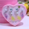 Kids clip-on earrings and rings set cute mermaid tail design lovely jewelry for girls - 6 Pieces Set Boxed / Pink Yellow