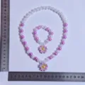 Children Pink Pearl Bead Necklace and Bracelet Set with Purple Flower Pendant Jewelry - Purple Flower 2-Piece Set [Transparent Bag]