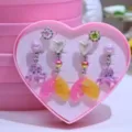 Details of cute kids clip-on earrings and rings set featuring mermaid tail and octopus. - 6 Pieces Set Boxed / Pink Gold