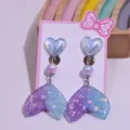 Cute children mermaid tail clip earrings with sweet heart and pearl design for little girls. - Purple and Blue Heart Fishtail Earrings 1 Pair (With Card)