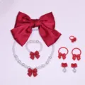 Children red bow pearl necklace bracelet ring clip-on earrings set sweet little girl jewelry - 6-Piece Set (Transparent Bag) / Red