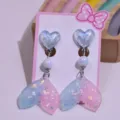 Children cute mermaid tail clip-on earrings sweet pink blue glitter ear clips for lovely girls - Blue and Pink Heart Fishtail Earrings 1 Pair (With Card)