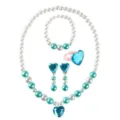 Kids Blue Heart Pearl Necklace Bracelet Ring Earrings Set Princess Jewelry Gift Box - Blue Heart 5-Piece Set (Transparent Bag Pack)
