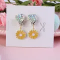 Kids clip-on earrings cute heart rhinestone yellow daisy flower dangle jewelry gift detail view - Daisy