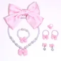 Kids Pink Bow Pearl Jewelry Set Cute Girls Sweet Hair Accessories Bracelet Necklace Rings - 6-Piece Set (Transparent Bag) / Pink