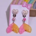 Cute glitter mermaid tail clip-on earrings for kids girls cartoon children jewelry gift - Pink Gold Heart Fishtail Earrings 1 Pair [With Card]