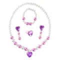 Kids white pearl necklace bracelet clip earrings ring set with purple heart pendants - Purple Heart 5-Piece Set (Transparent Bag Pack)
