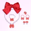 Children bow pearl jewelry set sweet necklace bracelet ring hair accessories for girls - 6-Piece Set (Transparent Bag) / Flame Orange