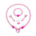Kids pink pearl necklace bracelet ring clip-on earrings cute jewelry set for girls gift - Pink Heart 5-Piece Set (Transparent Bag Pack)