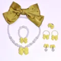 Kids sweet jewelry set featuring yellow bows and faux pearls necklace bracelet ring. - 6-Piece Set (Transparent Bag) / Turmeric