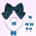Kids necklace jewelry set pearl bracelet cute bow hair accessories for girls dress up 89 - 6-Piece Set (Transparent Bag) / Dark Green