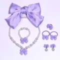 Kids purple bowknot pearl jewelry set necklace bracelet ring hair accessories for sweet girls - 6-Piece Set (Transparent Bag) / Purple