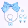 Children blue bow pearl necklace bracelet ring hair clip set sweet girl jewelry accessories - 6-Piece Set (Transparent Bag) / Light Blue