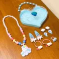 Cute kids jewelry set featuring unicorn necklace, hair clips, earrings, and heart storage box. - No. 2 Sleeping Unicorn 8-Piece Set (With Box)