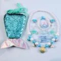 Kids mermaid jewelry set with sequin bag, pearl necklace, bracelet, rings and hair clips. - Shell 9-Piece Set (OPP Bag) / Blue