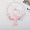 Kids mermaid necklace bracelet set with pearls pink beads and cute tail pendant for girls party. - Mermaid Tail 2-Piece Set (Cardboard Packaging) / Pink