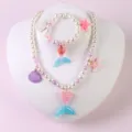 Kids pearl beaded necklace bracelet set with glitter mermaid tail pendant for girls gift. - Mermaid Tail 2-Piece Set (Card Packaging)