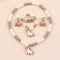 Kids pearl necklace bracelet ring earrings set cute unicorn cartoon style gift box - Milky Coffee Unicorn 5-Piece Set (Transparent Bag)