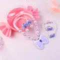 Kids princess jewelry set with necklace bracelet and earrings, cute cartoon resin bow design. - Bow 5-Piece Set (With Box) / Purple