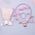 Kids mermaid jewelry set children pearl necklace bracelet ring hair clips set gift box - Shell 9-Piece Set (OPP Bag) / Pink