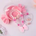 Children pink pearl necklace bracelet ring set with cute bow design and candy box - Bow 5-Piece Set (With Box) / Pink