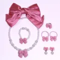 Kids pink bow jewelry set necklace bracelet rings earrings hair accessories variant - 6-Piece Set (Transparent Bag) / Korean Pink