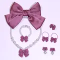 Kids sweet bow hair clip pearl necklace bracelet ring earrings jewelry set variant style. - 6-Piece Set (Transparent Bag) / Dusty Pink
