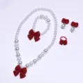 Children imitation pearl bow jewelry set featuring sweet necklace bracelet earrings ring. - 5-Piece Set (Transparent Bag) / Red