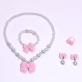 Cute Kids Pearl Necklace Bracelet Ring Ear Clip Set Sweet Bowknot Girls Jewelry Gift - 5-Piece Set (Transparent Bag) / Pink
