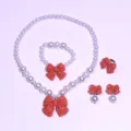 Kids pearl necklace set with cute red bow bracelet clip earrings sweet girls dress up jewelry - 5-Piece Set (Transparent Bag) / Flame Orange
