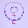 Kids beaded necklace and bracelet set with cute pink unicorn pendant, princess jewelry. - Purple Pony 2-Piece Set / Clear Bag Packaging / Purple