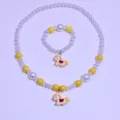 Kids Pearl Beaded Necklace Bracelet Set Cute Cartoon Unicorn Pendant Girls Jewelry - Yellow Pony 2-Piece Set / Clear Bag Packaging / Yellow