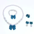 Children Pearl Bow Jewelry Set Dark Blue Necklace Bracelet Ring Earrings Sweet - 5-Piece Set (Transparent Bag) / Dark Green