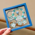 Kids pearl cartoon bracelet set cute flower hair ties and clips gift for girls beauty - Blue Five-Petal Flower 5-Piece Set in Gift Box