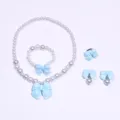 Children cute faux pearl necklace bracelet ring earrings set light blue bow variant - 5-Piece Set (Transparent Bag) / Blue