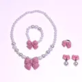 Cute kids pearl necklace bracelet ring and earrings set featuring sweet pink bows for girls dress. - 5-Piece Set (Transparent Bag) / Korean Pink