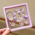 Kids pearl cartoon bracelet set cute flower hair ties and clip-on earrings accessory - Light Purple Five-Petal Flower 5-Piece Set Gift Box