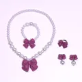 Kids pearl necklace bracelet ring earrings set with sweet purple bow accessories for girls - 5-Piece Set (Transparent Bag) / Dusty Pink