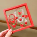 Children Strawberry Pearl Bracelet Set Cute Cartoon Hair Rope Girls Birthday Gift - Strawberry
