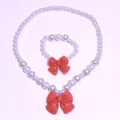 Kids pearl necklace and bracelet set with red bow, sweet dress up jewelry variant for girls - 2-Piece Set (Transparent Bag) / Flame Orange