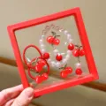 Kids pearl cherry bracelet set, cute red hair rope and earrings for girls birthday gift. - Cute Cherry 5-Piece Set Gift Box