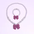 Kids pearl necklace and bracelet set with purple bow for sweet girls dress up accessories - 2-Piece Set (Transparent Bag) / Dusty Pink