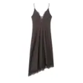 Women dark grey satin slip dress with delicate lace trim V-neck and chic asymmetric hem. - XS / Brown